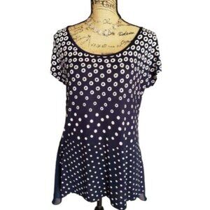 B.L.E.U. Womens Tunic Top M Navy Rhinestone Polka Dot Stretch Y2K Boho Chic